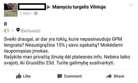 Feisbuke platinama įtartino turinio žinutė, kuria žadama grąžinti sumokėtus mokesčius